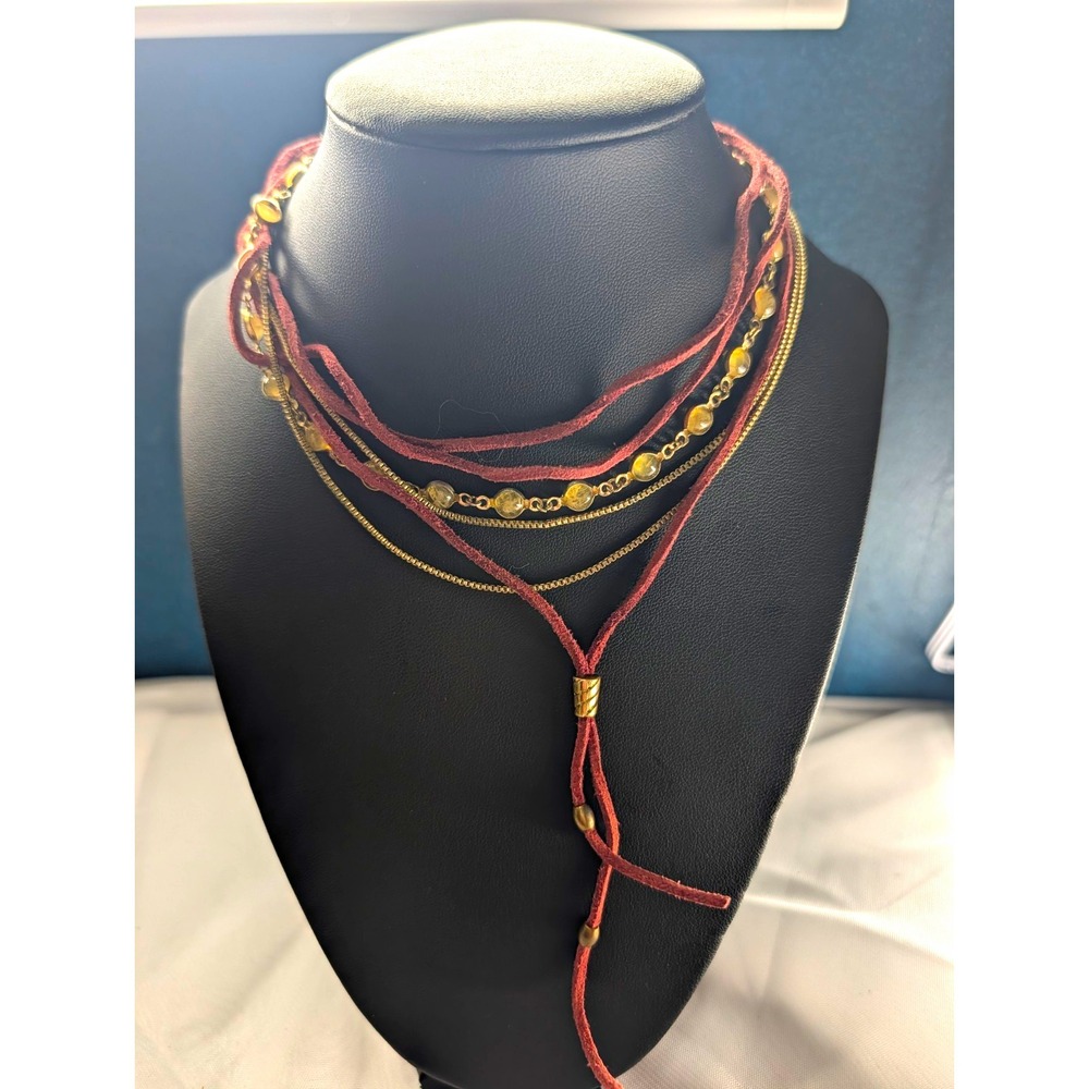 Burgundy Suede Cord Layered Snake Chain Necklace Gold Tone Lobster Adjustable